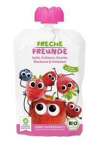 MUS JABŁKO - TRUSKAWKA - JAGODA - MALINA BEZ DODATKU CUKRÓW BEZGLUTENOWY OD 6 MIESIĄCA BIO 100 g - FRECHE FREUNDE